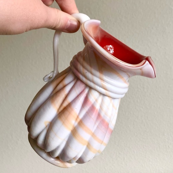 VTG Swirl Art Glass Mini Pitcher Vase Pink Orange